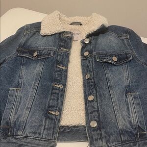 Hippy Retro Sherpa Lining & Collar Blue Denim Garage Jacket with Silver Button S